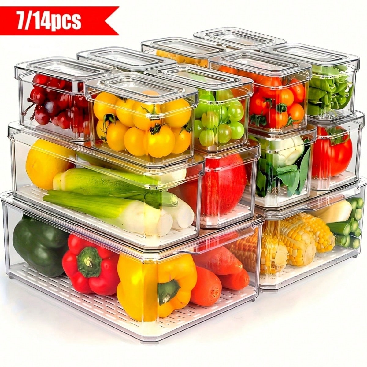Food Packed Snacks - 7/14er-Pack stapelbare Kühlschrank-Organizerbehälter mit Deckeln, platzsparende