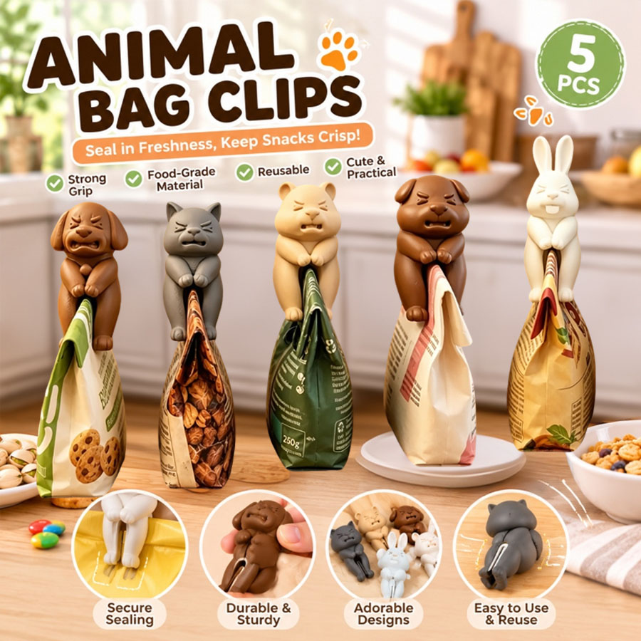 Food Packed Snacks - 3D-Tier-Snackbeutelklammern 1/5er-Pack, Niedliche Hunde-, Hasen-, Katzen-,