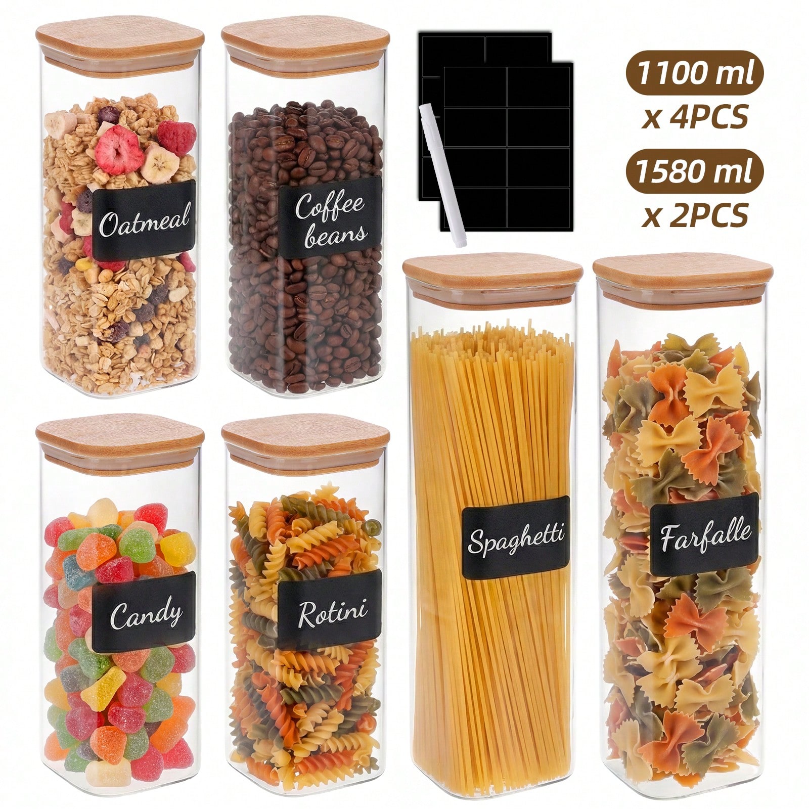 Snacks Food Labels - Glasbehälter zur Lebensmittelaufbewahrung mit luftdichten Bambusdeckeln,